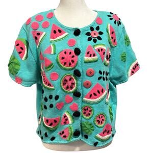 Michael Simon L Cardigan Sweater Novelty Watermelon Summer Artsy Embellished
